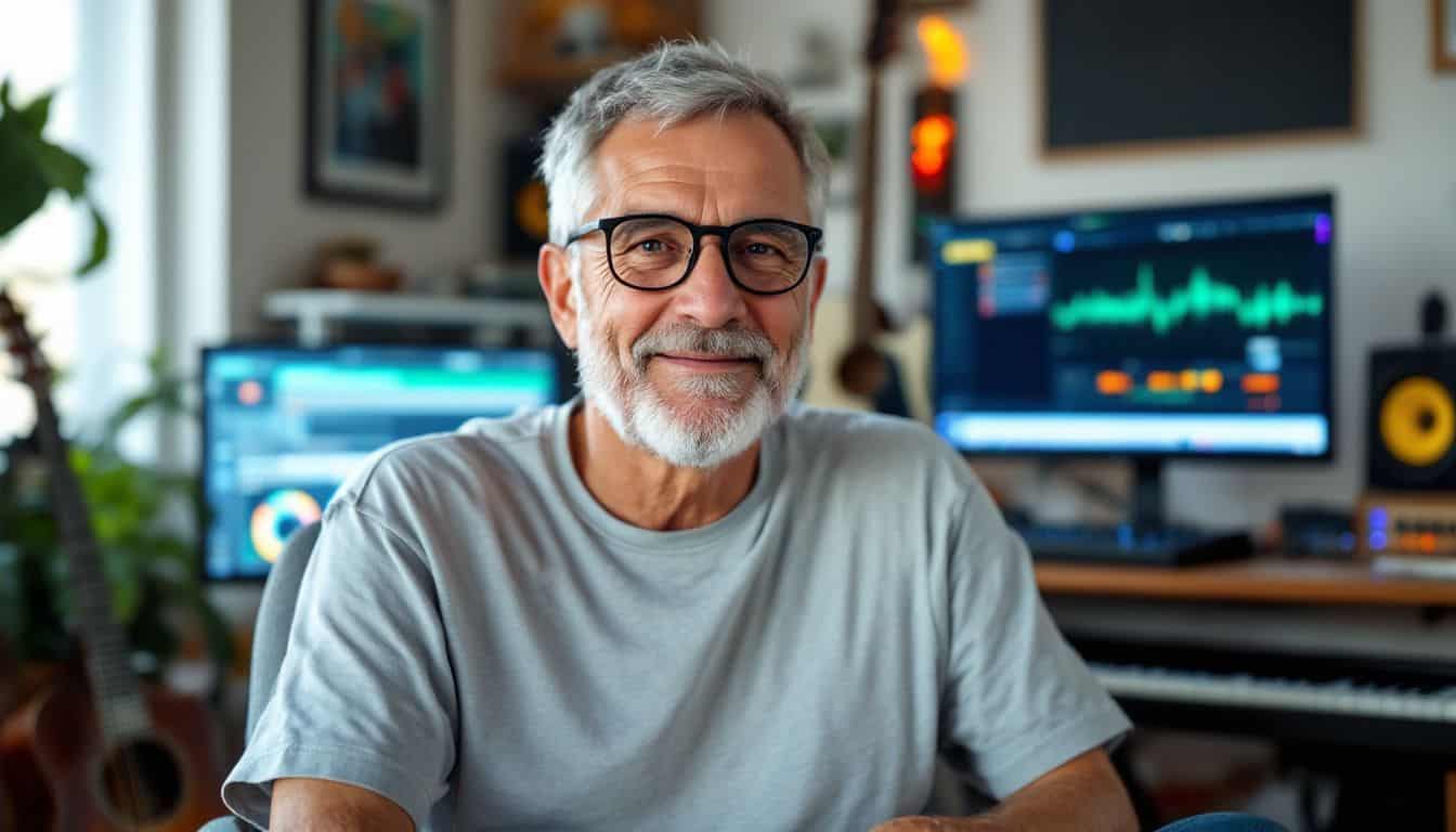 An older man in a home studio with musical instruments and AI music software.