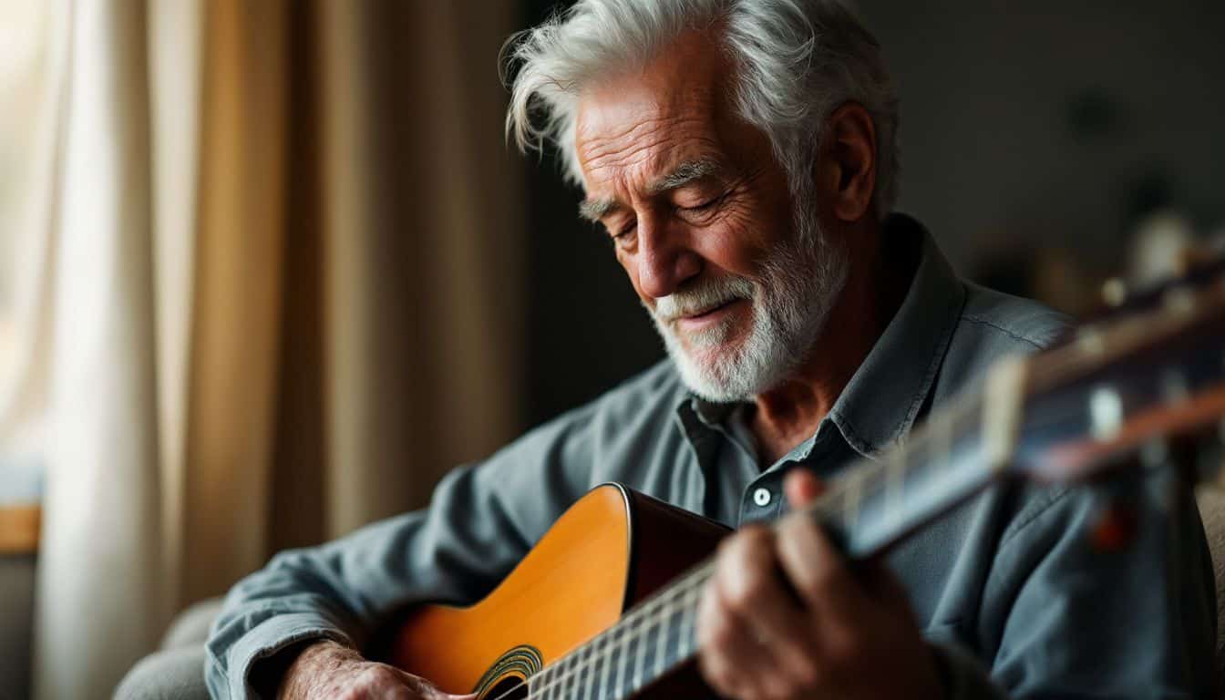 An elderly man playing guitar with a warm, focused expression.