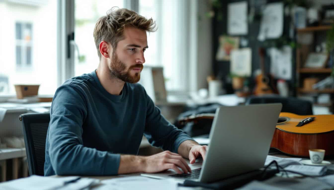 A man in his 30s sits at a messy desk surrounded by music sheets and an acoustic guitar, focusing on coding AI software on his laptop.