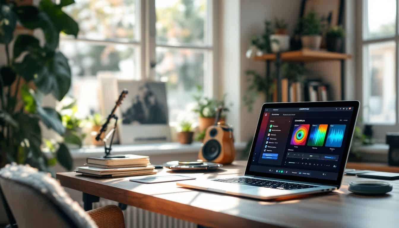 A modern home office with a laptop displaying music editing tools.