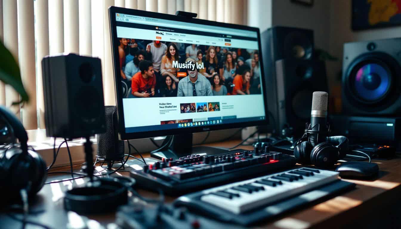 A cluttered home office with music equipment and computer.