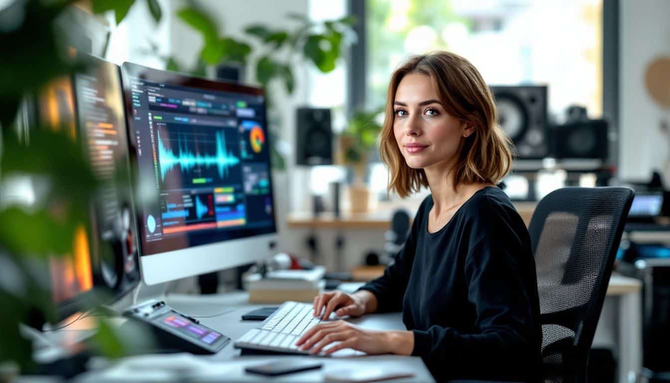 A woman in a recording studio testing an advanced music generator.