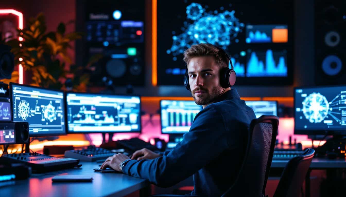 A man at a modern desk engages with advanced music technology.