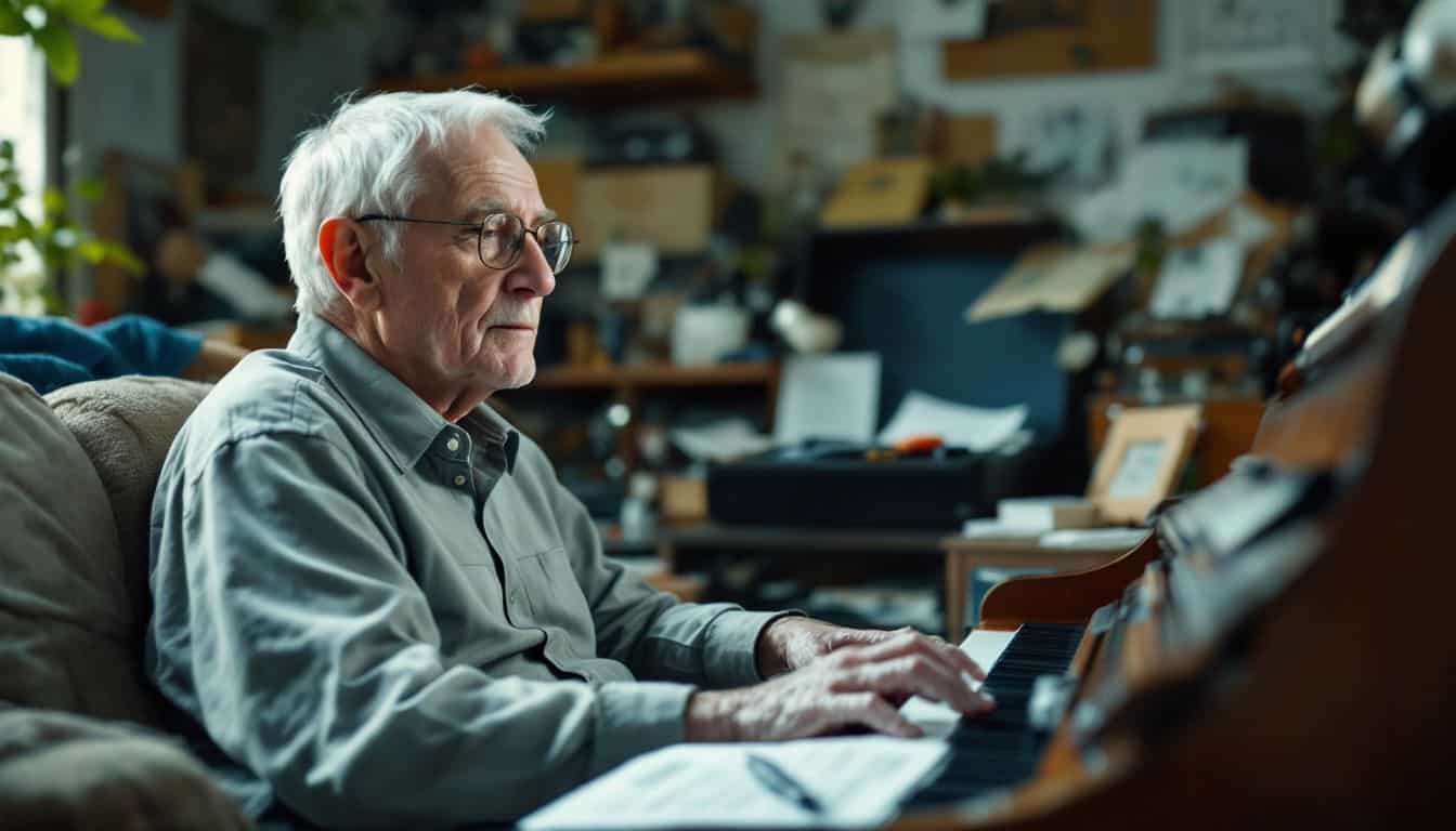 An elderly man sits in a cluttered living room, watching a robotic arm play the piano.