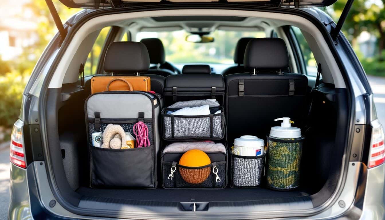 A well-organized car trunk with various storage solutions and bungee cords.