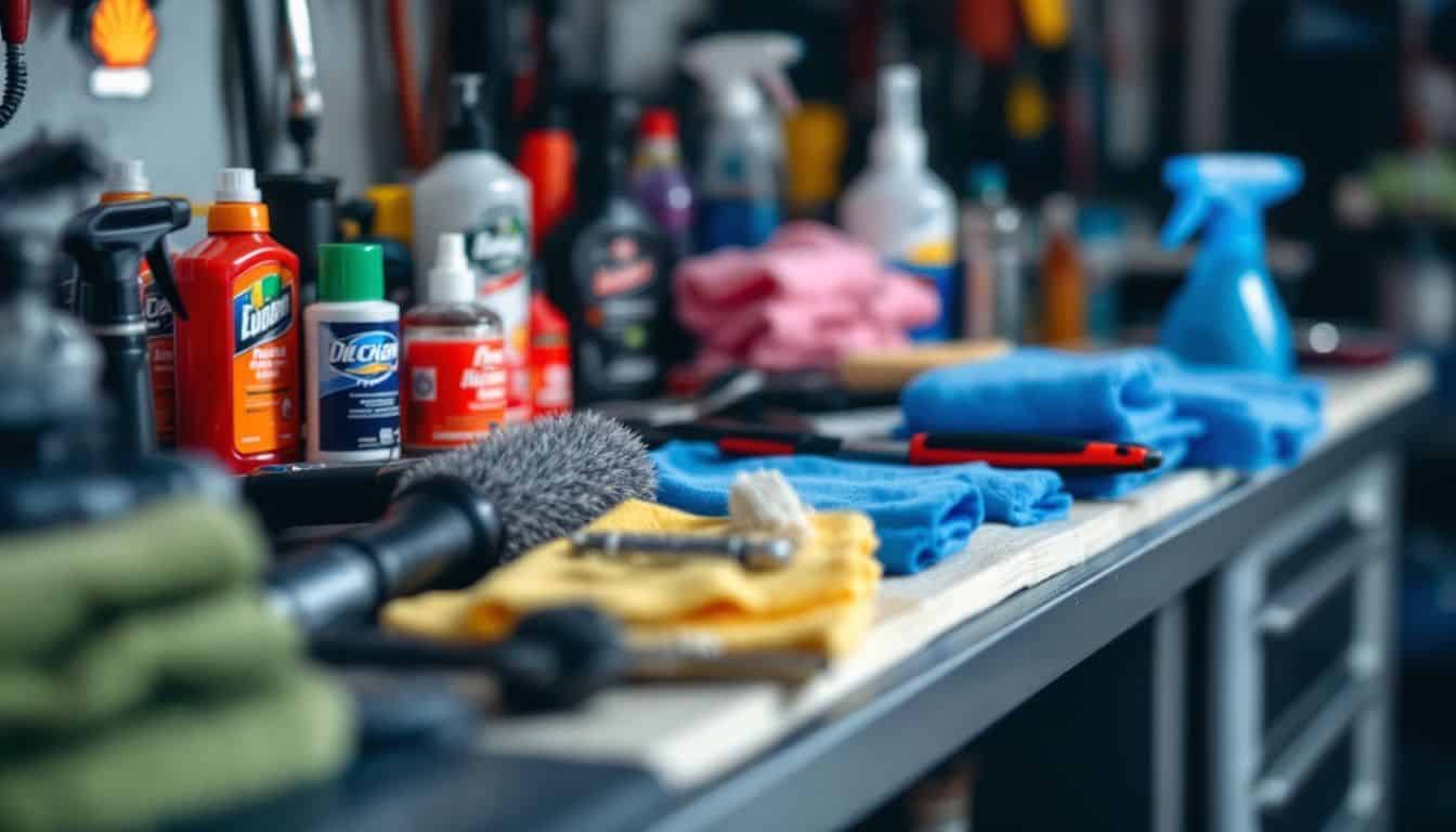 Neatly arranged car detailing tools and cleaning solutions on a garage workbench.