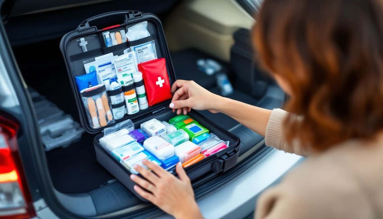 A person with brown hair reaches into an open first aid kit on a car trunk.