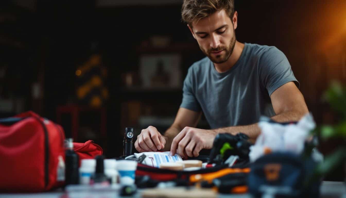 A man in his 30s is packing an emergency kit.