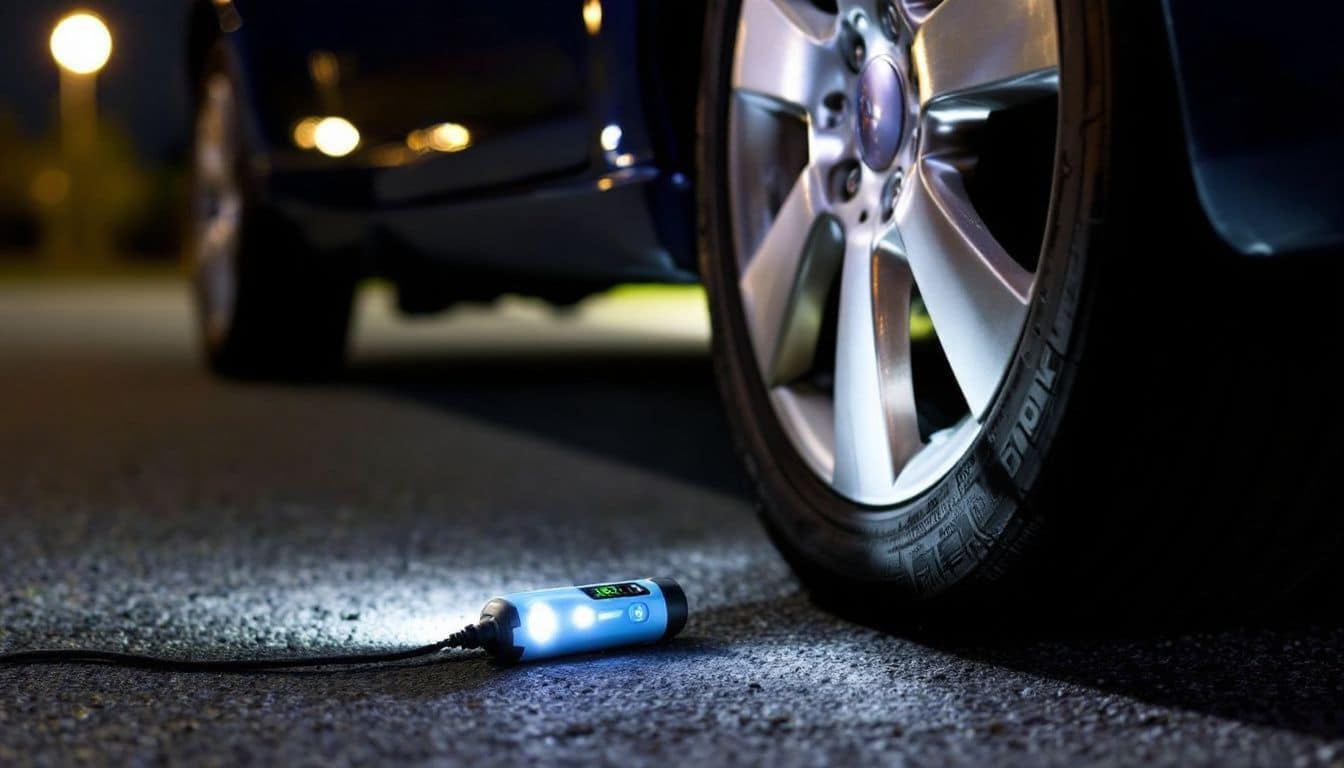 A digital tire inflator with LED flashlight next to a flat sedan tire.