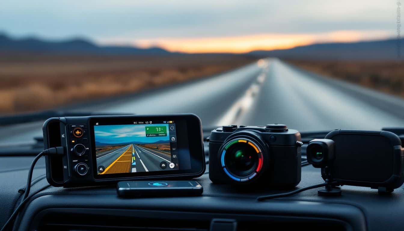 A cluttered car dashboard with essential tech gadgets during dusk.