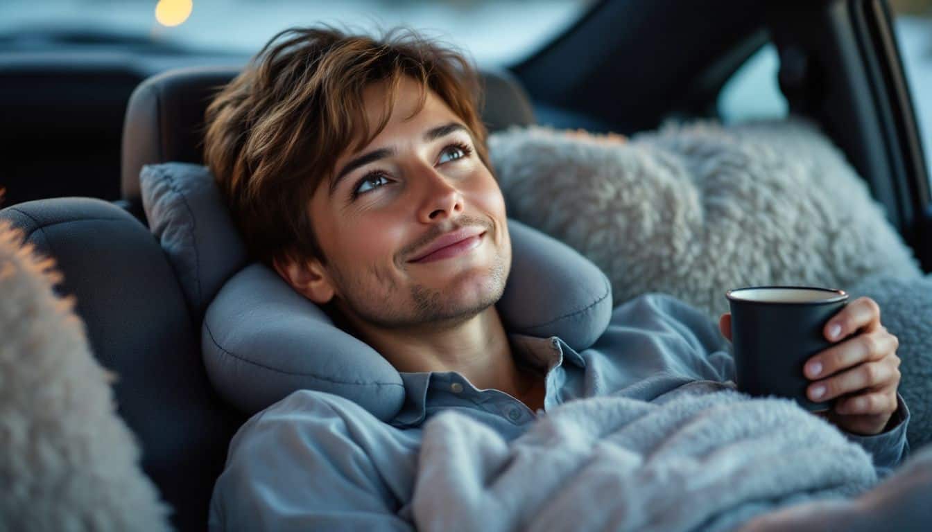 A person reclining comfortably in a car seat with pillows and a blanket.