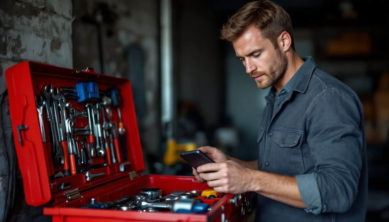 A man in a garage looks at a toolbox of car maintenance tools.