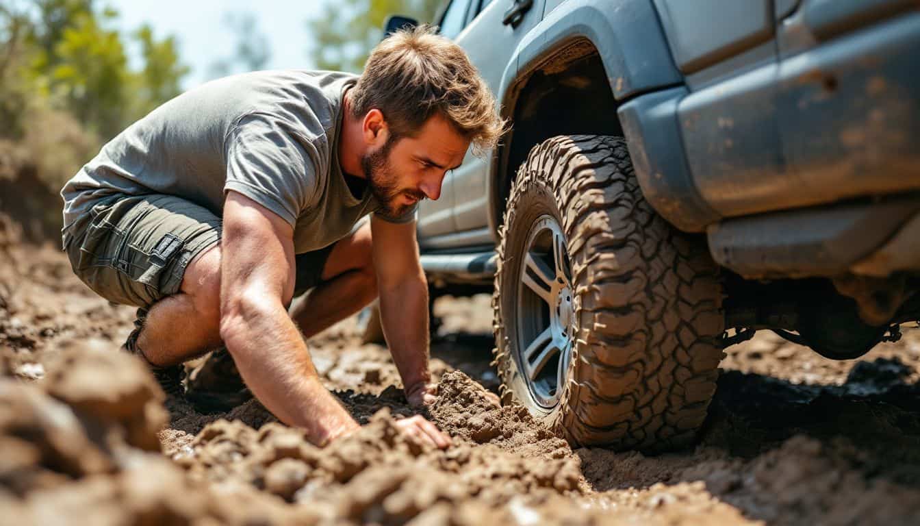 A man uses car escape tracks to free his stuck vehicle.