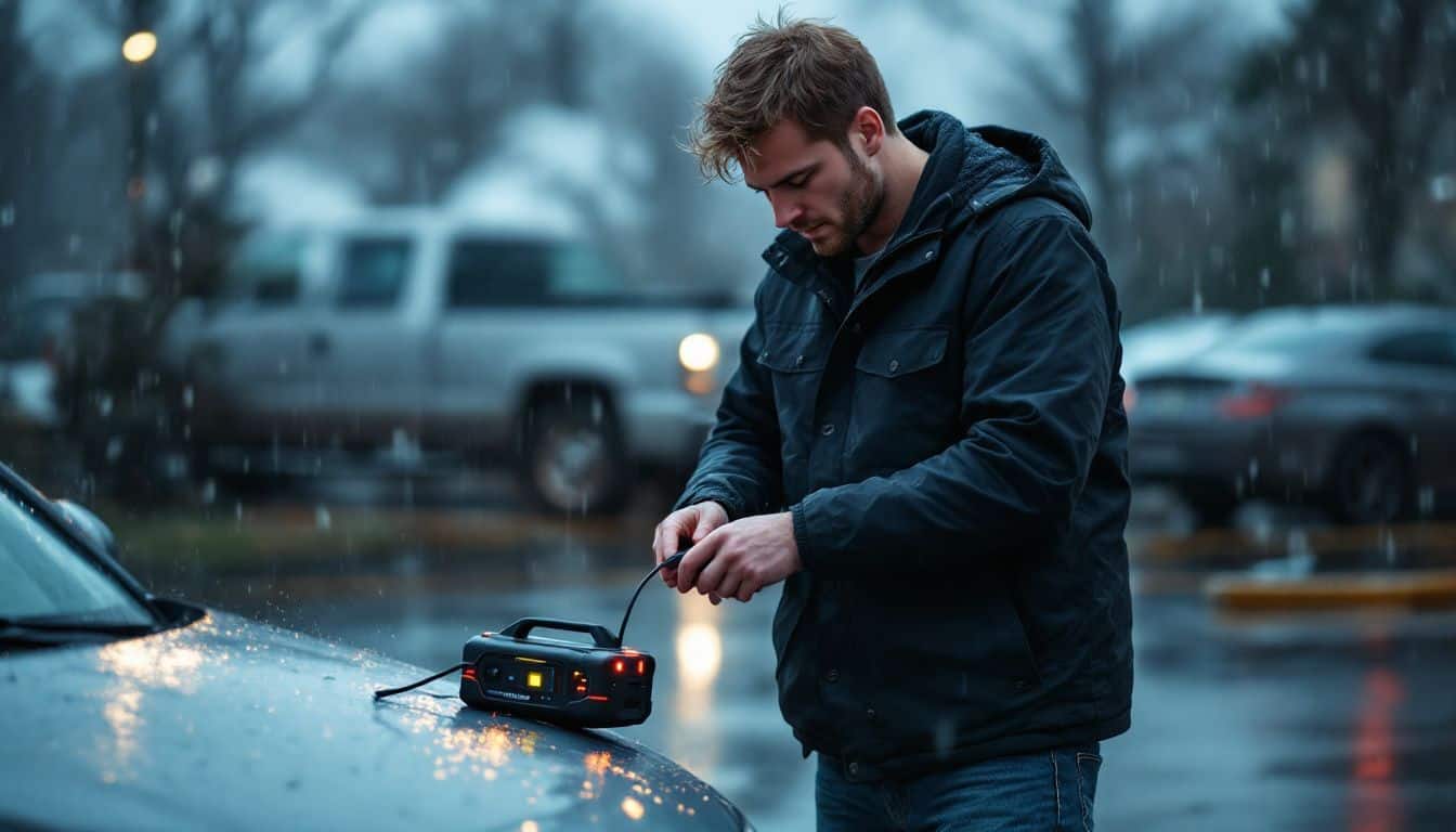 A man is using a portable car jump starter in a rainy parking lot.