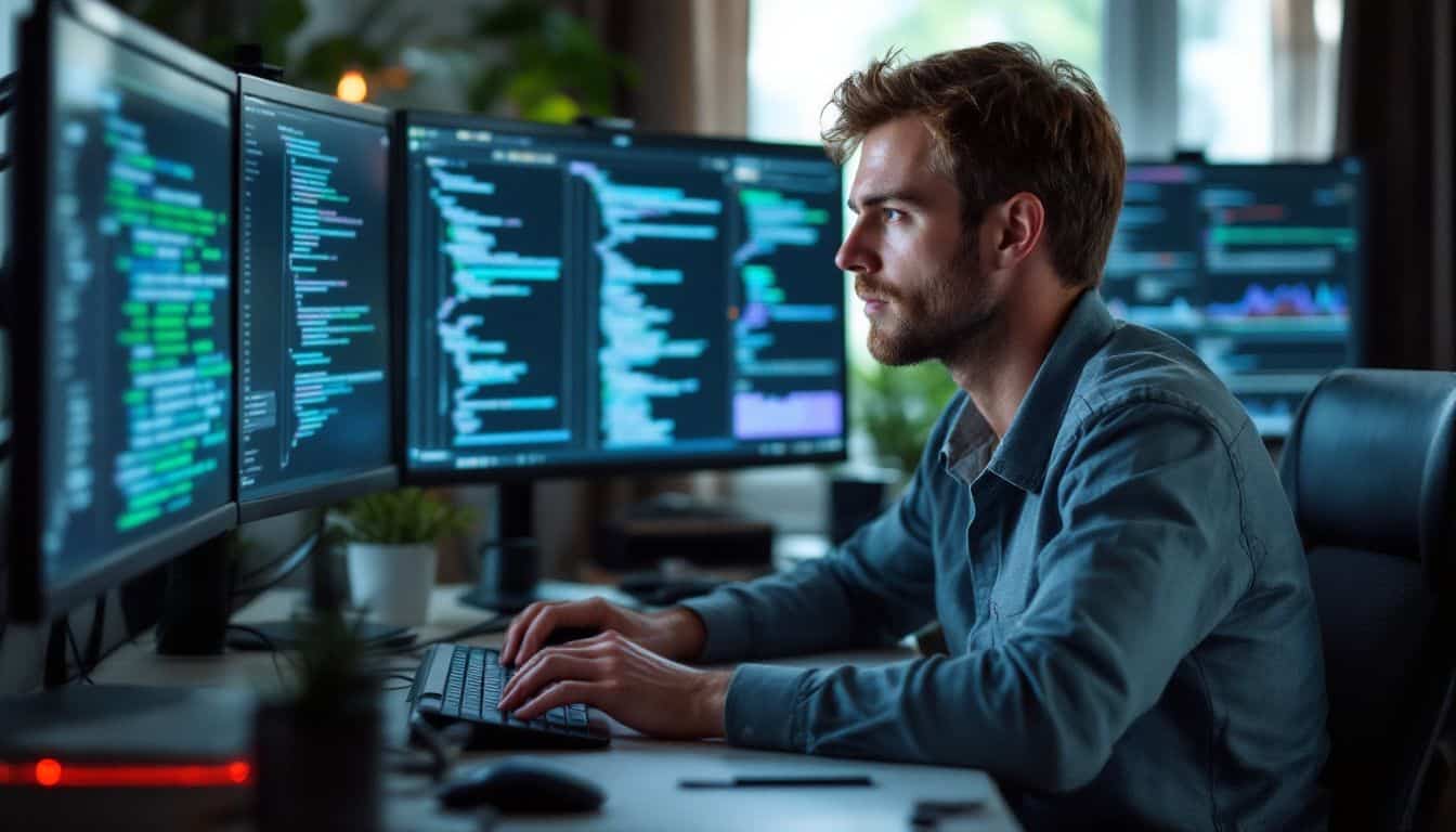 A man in his 30s is working on coding at a cluttered desk.