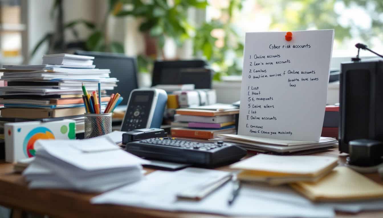 A cluttered home office desk needing a cyber risk assessment.