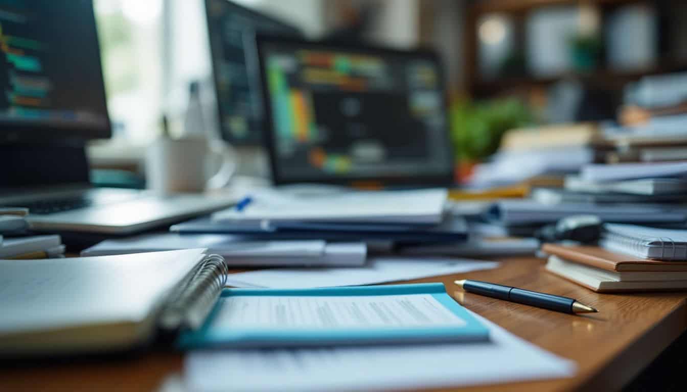 A cluttered office desk focused on cybersecurity incident response planning.