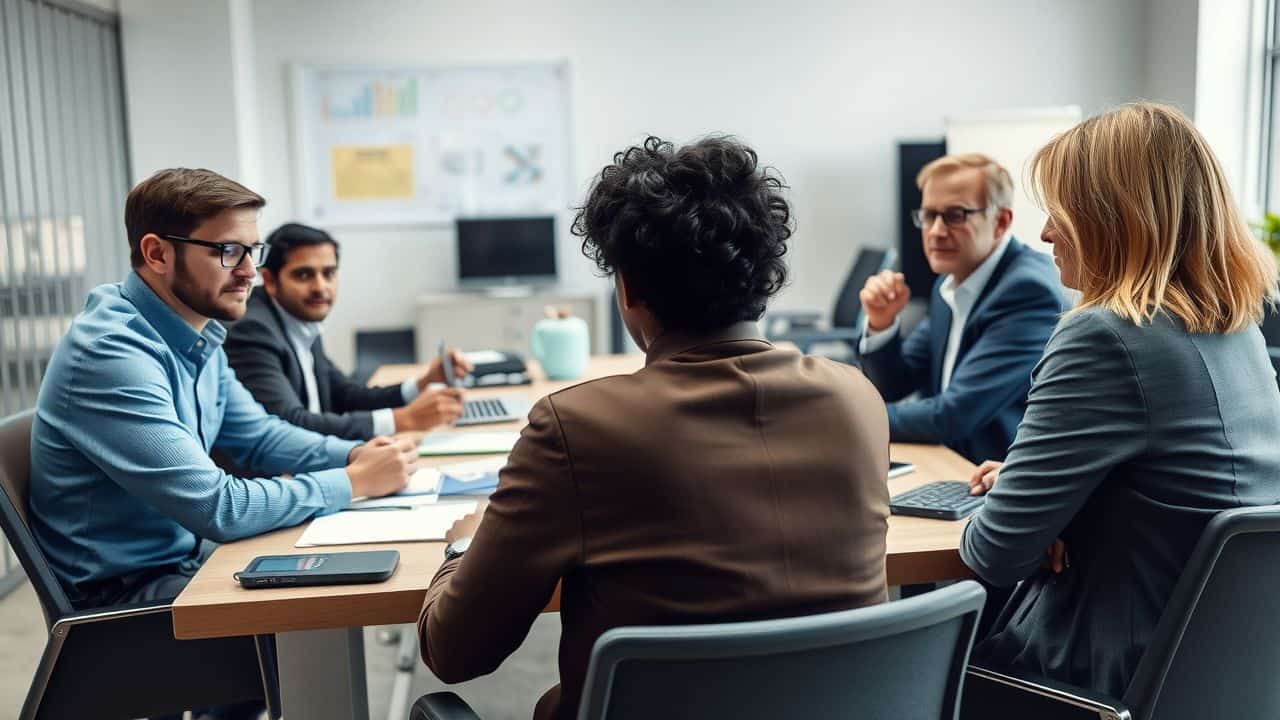 Professional group discussing cybersecurity strategies in an office setting.