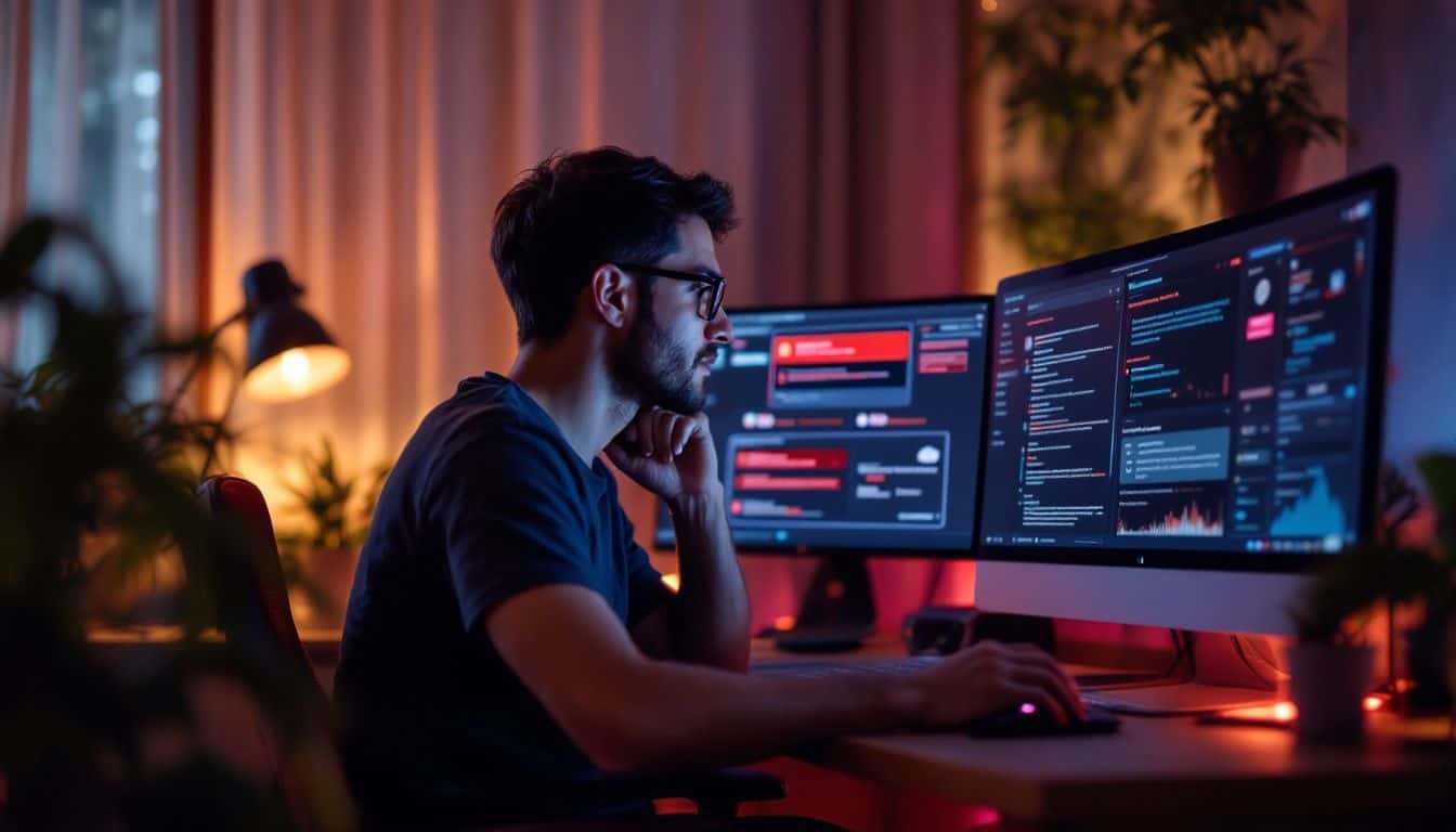 A cybersecurity expert working late in a cozy home office.