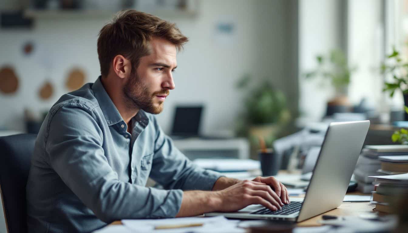 A man sitting at a cluttered desk looks at suspicious emails.