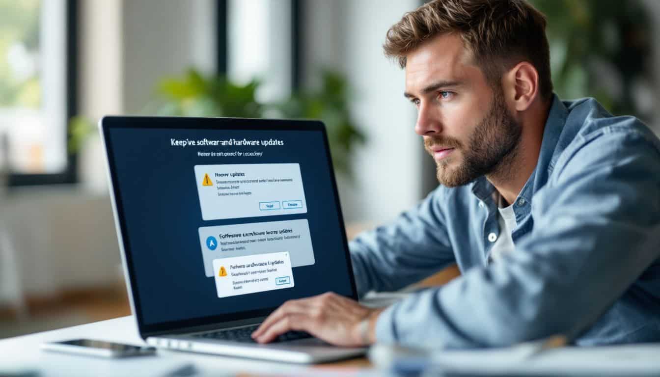 A man in his 30s is sitting at a desk, updating his laptop and smartphone.