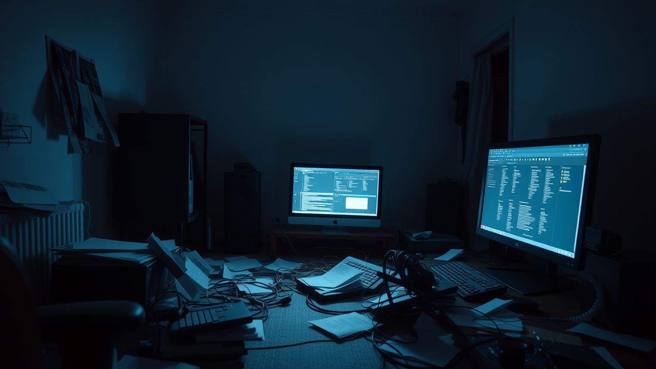 A cluttered modern computer setup represents cybersecurity risk management in a busy workplace.