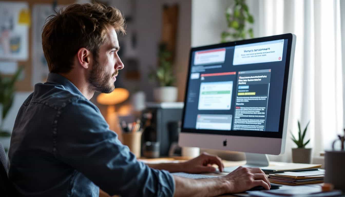 A man is concerned as he looks at his computer's ransomware warnings.