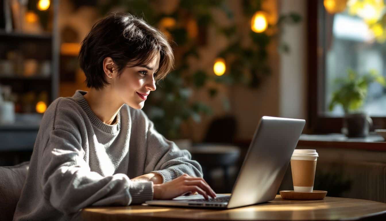 A person in a coffee shop using a laptop with VPN.