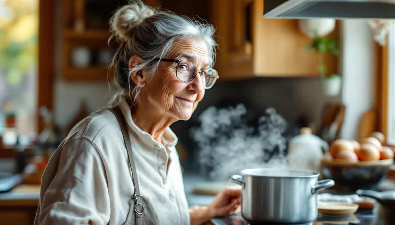 An elderly woman attentively watches boiling water on the stove.