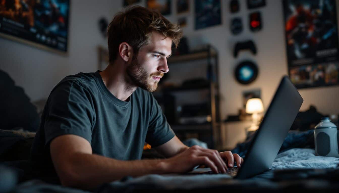 A 25-year-old man sitting in a bedroom, connecting to a skin inspection server for a video game on his laptop.