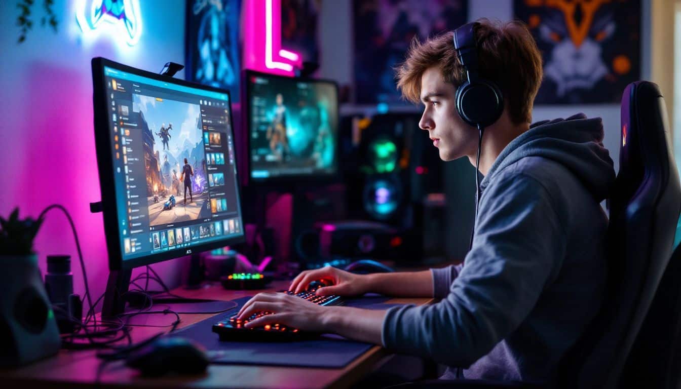 A young gamer checks his in-game inventory at a cluttered desk.