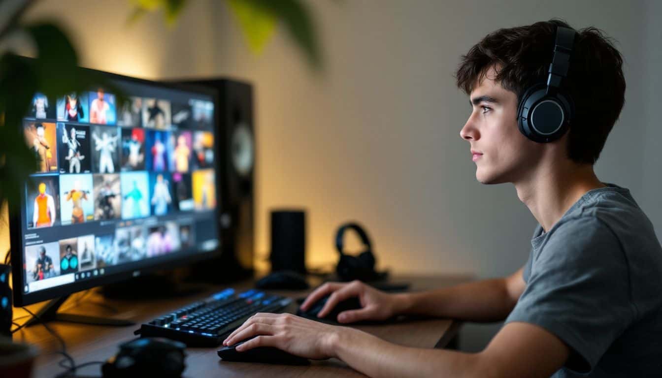 A teenager playing Counter-Strike 2 at their desk with gaming peripherals.