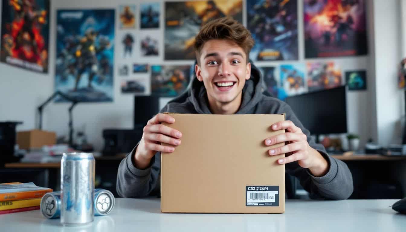 A teenage gamer excitedly unboxes CS2 skin loot crates in cluttered room.