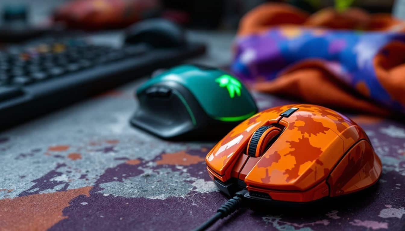 A variety of colorful CS2 gaming skins on a worn desk.