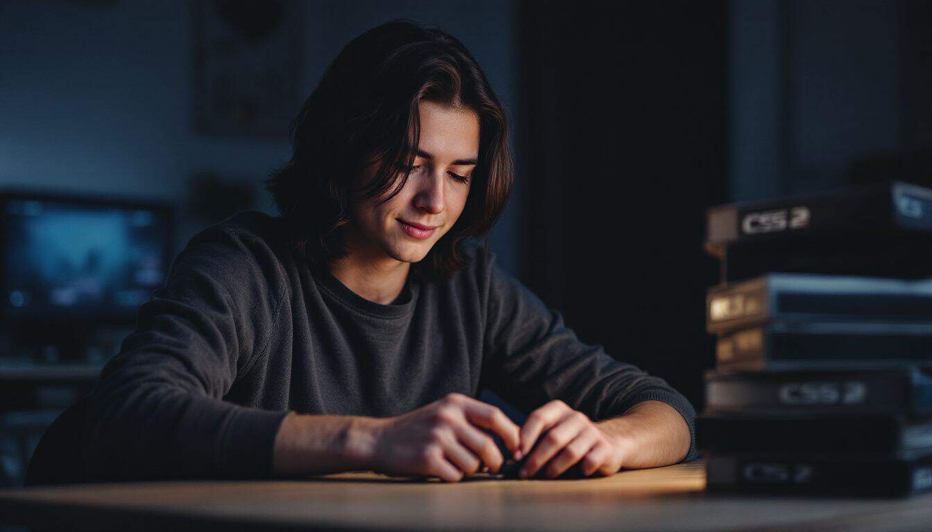 A young adult opening a CS2 case at a table.