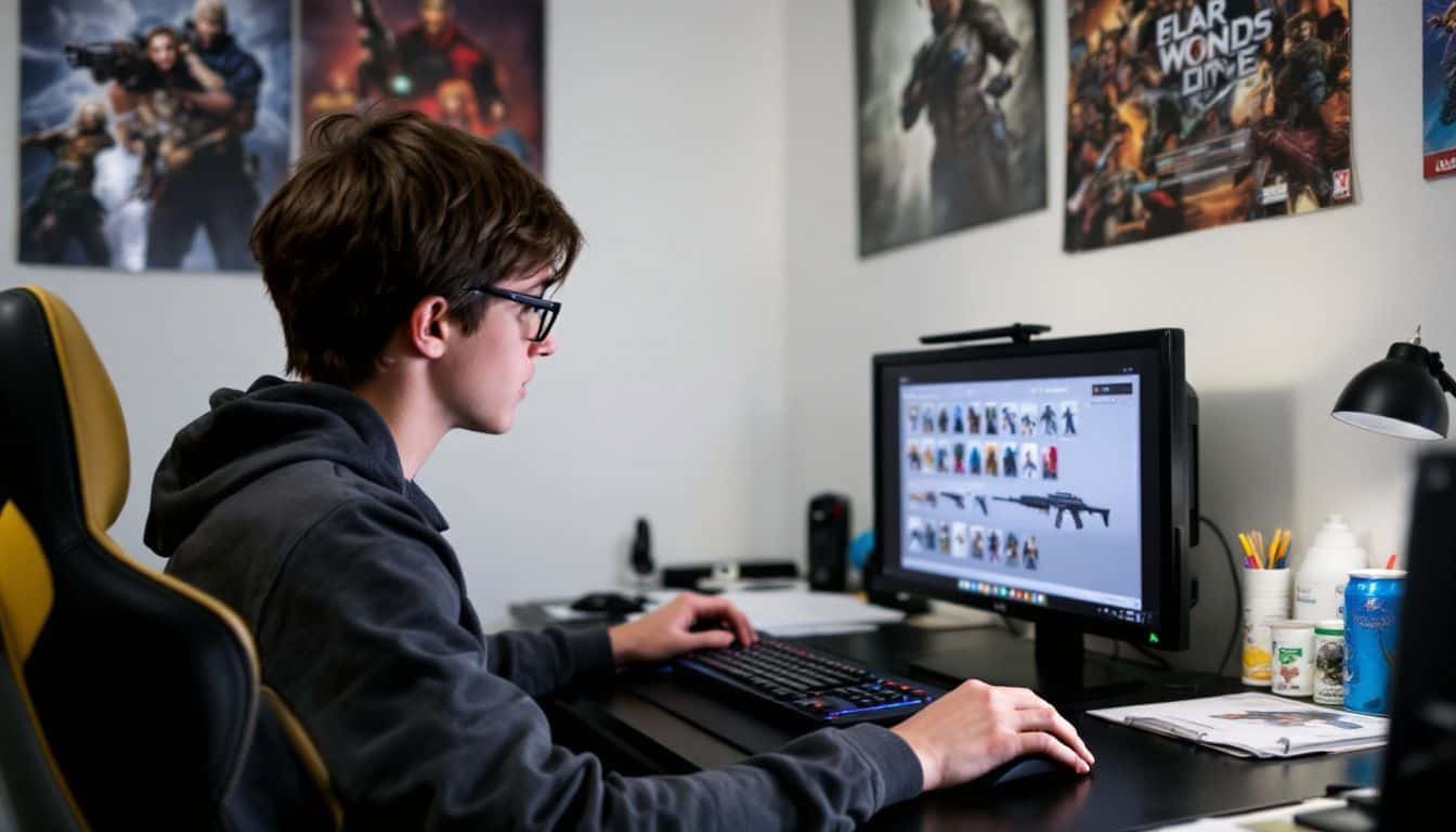 A teenager customizes their CS2 weapon skins at a cluttered desk.