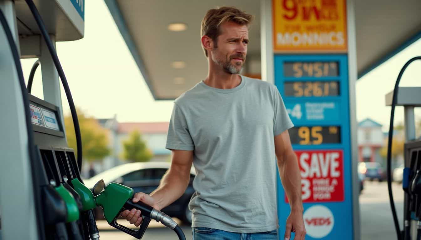 A man in his 30s refueling his car at a gas station.