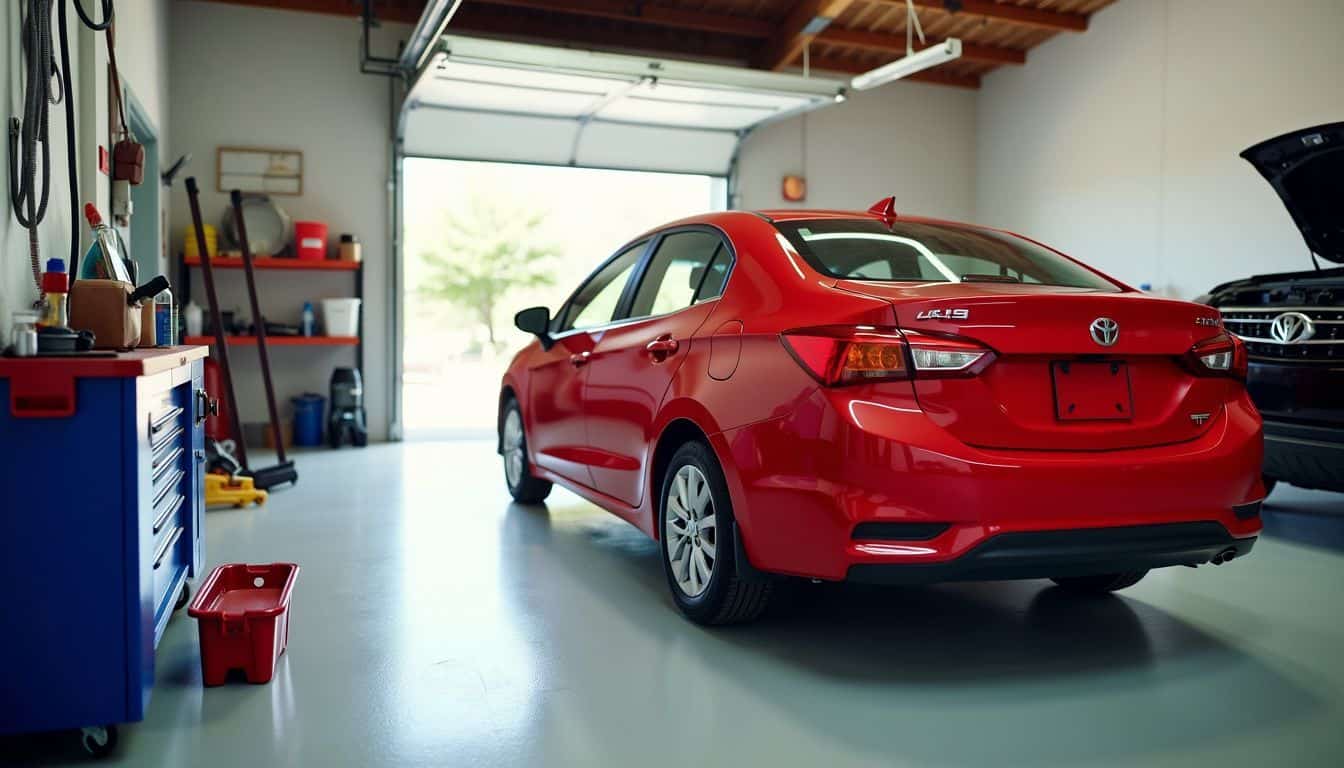 A well-maintained red sedan parked in a clean, spacious garage with car maintenance items.