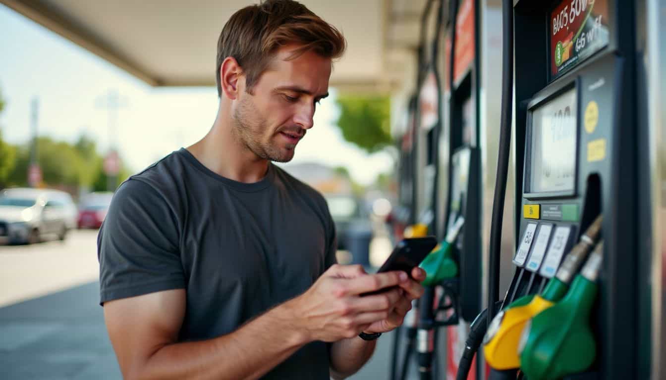 A man in his 30s compares gas prices using a smartphone app.