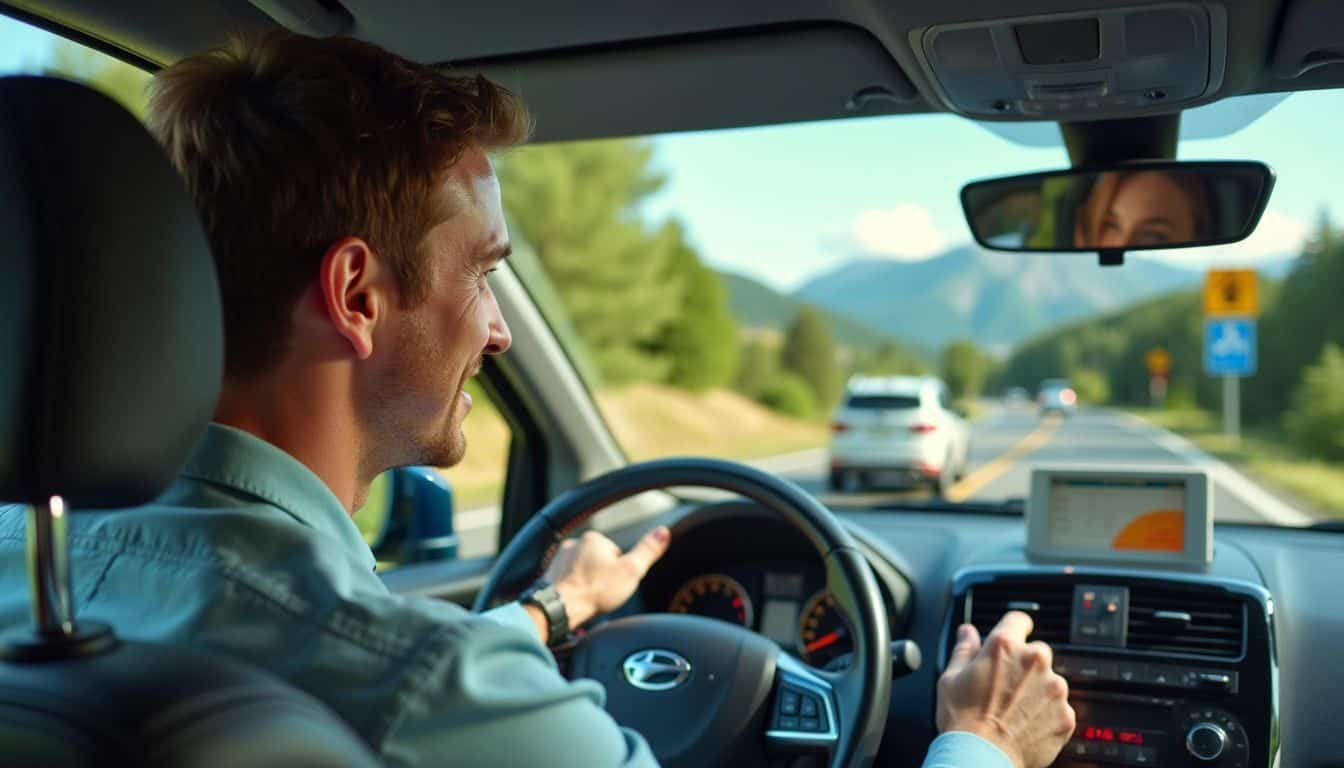 A man in his 30s drives a compact car on a scenic highway.