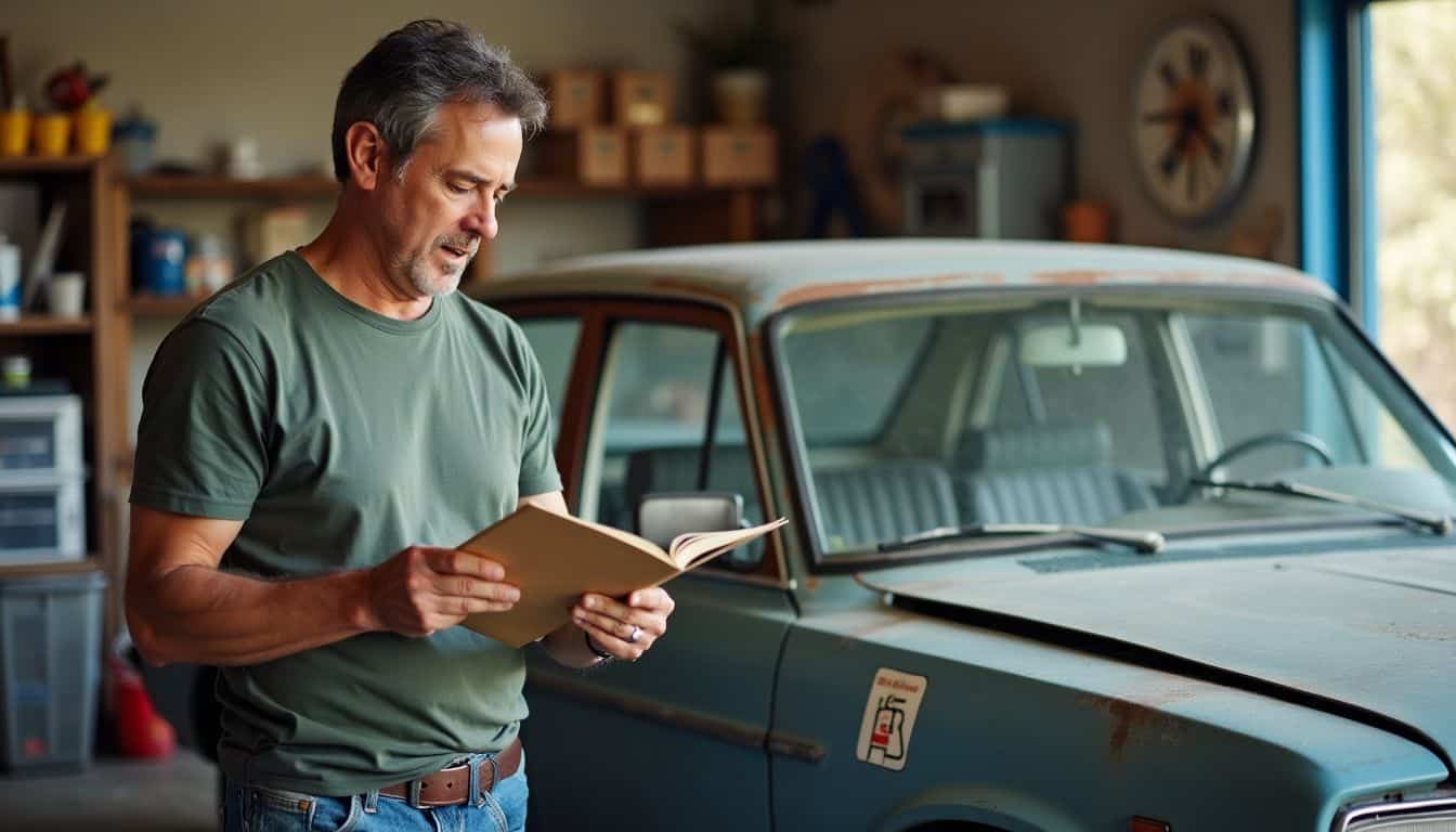 A man in a garage studying a fuel efficiency guidebook next to an old car.