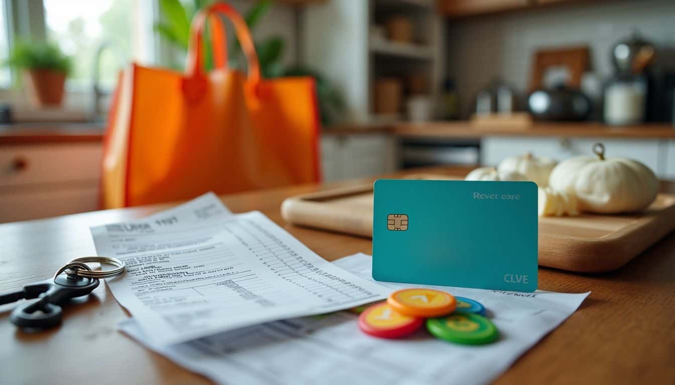 A loyalty rewards card and receipts on a kitchen counter.