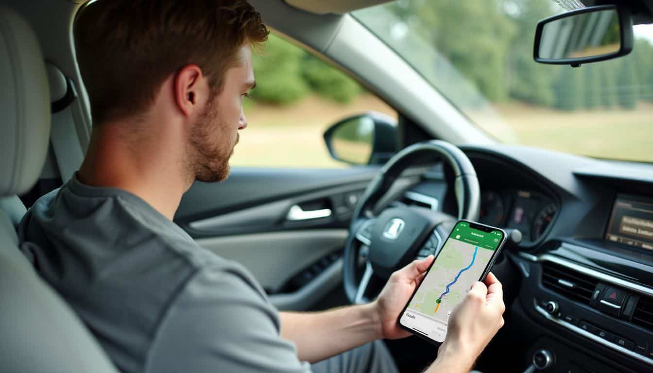 A man uses a GPS app to find a fuel-efficient route.