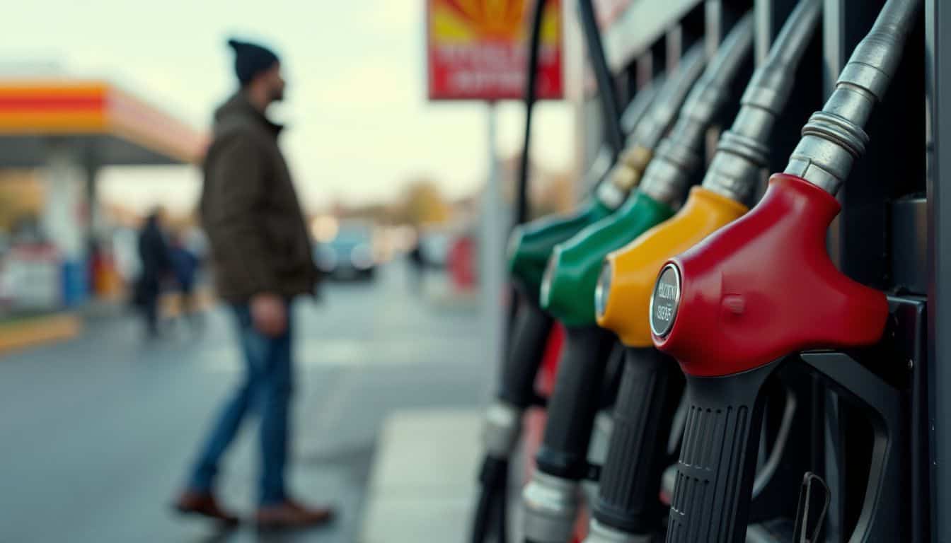 A gas pump nozzle in focus at a busy gas station.