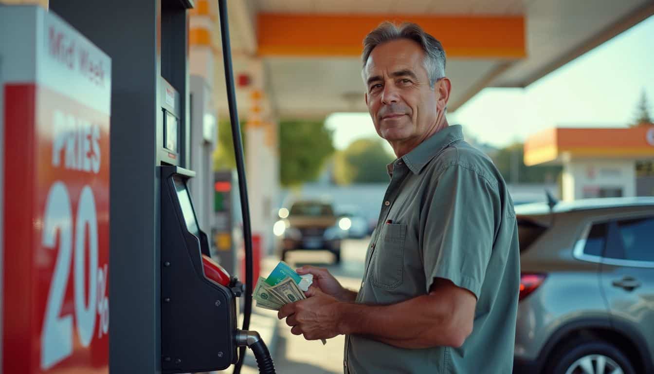 A man pays for fuel with cash and a gas station rewards card.