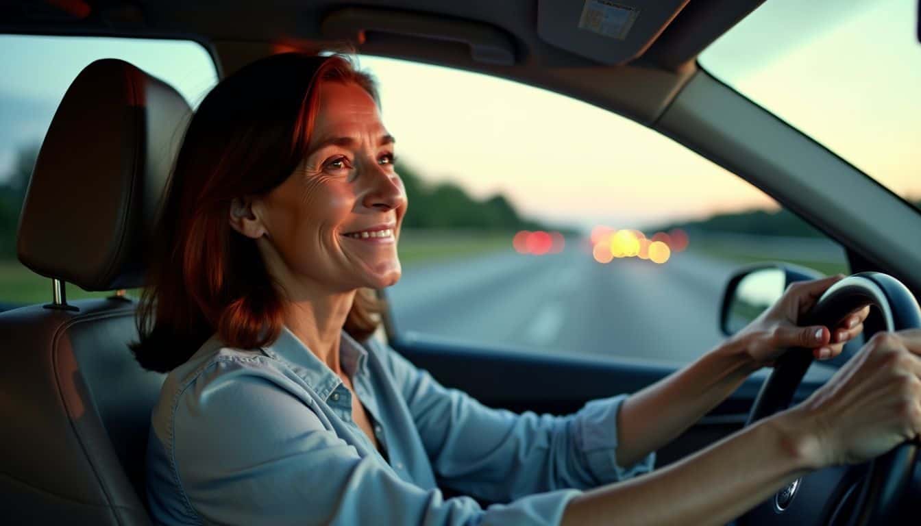 A confident middle-aged woman driving a car on a highway at dusk.