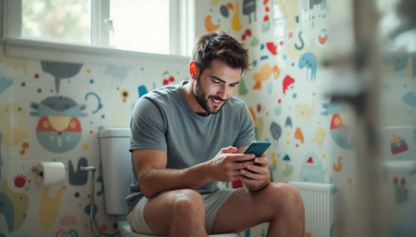 A man sitting fully clothed on a toilet, texting on his phone.