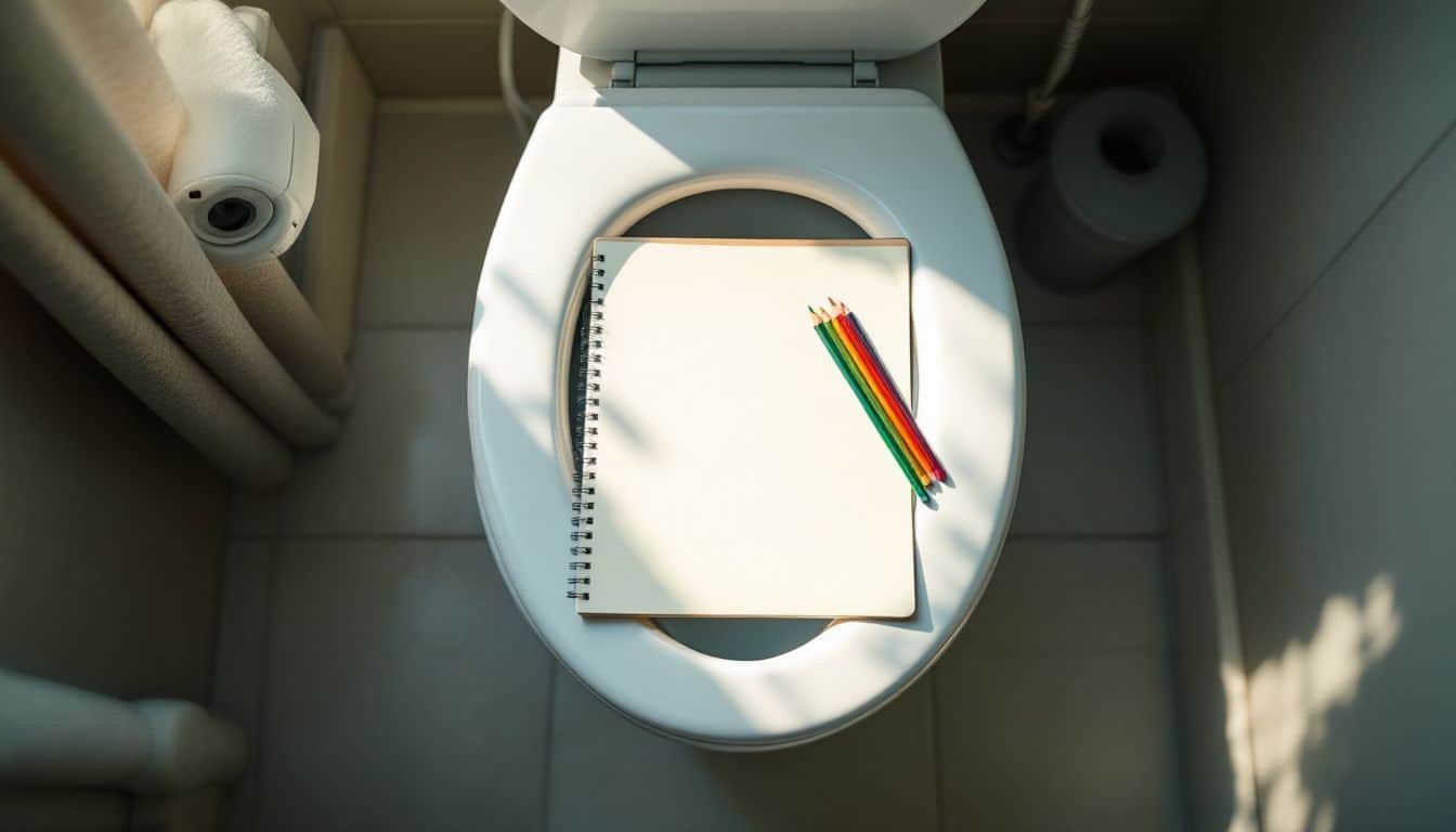 A cozy bathroom setup with a sketchpad and colorful pencils.