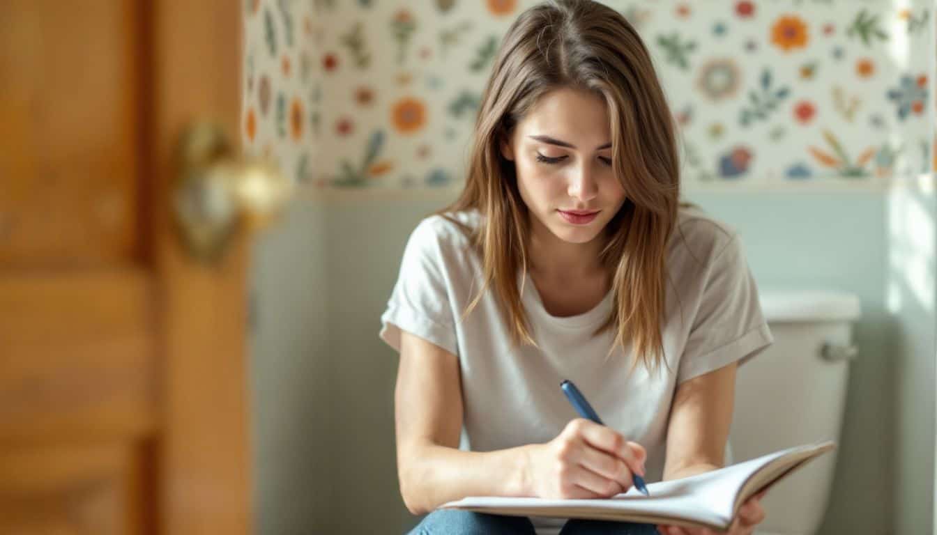 A young woman sits on a toilet, doodling in a notepad.