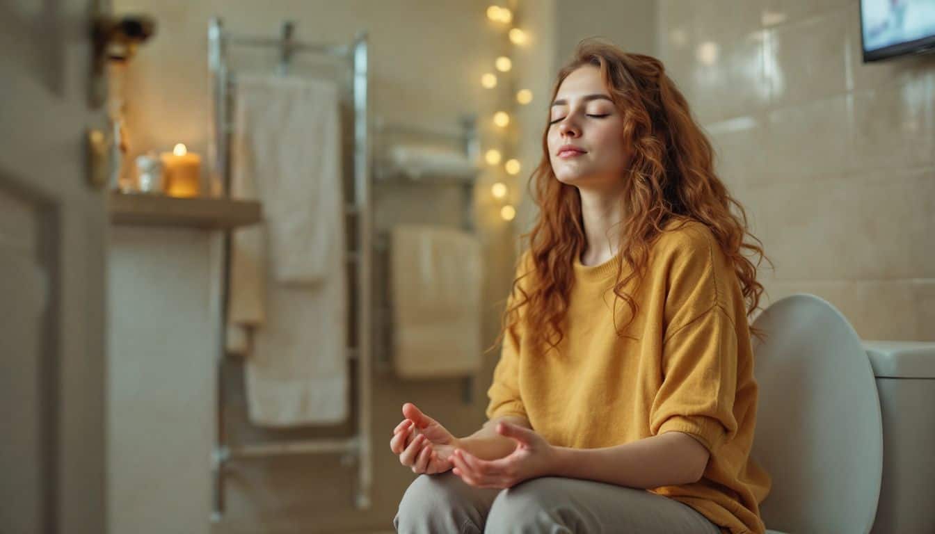 A young adult practicing meditation in a serene bathroom environment.